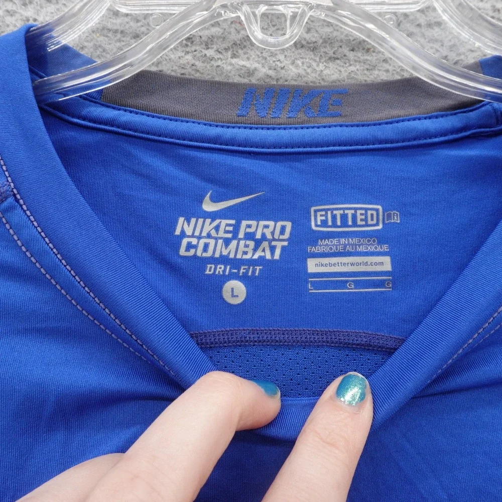Nike Pro Combat Mens Long Sleeve Dri Fit T Shirt Large Blue Crew Neck Athletic‎